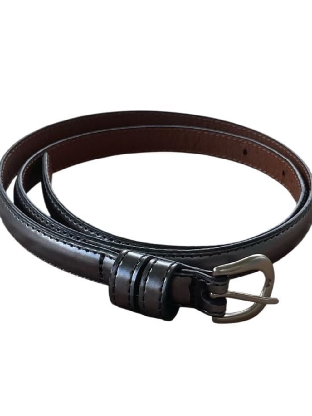 METALLIC SILVER Skinny Leather Belt with Silver Buckle (38”x0.5”)